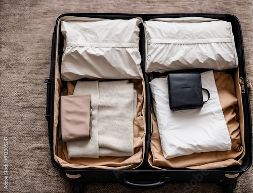 Open suitcase with stuff on the road for traveling.