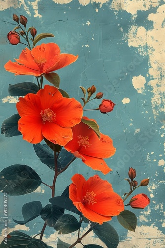 Orange Flowers on Blue Background
