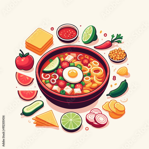 Mexican food set. Guacamole, chiltomate, quesadillas, chile ennogada, nachos, enmoladas, burritos, tamales, tacos, fajitas, etc. Vector illustration isolated on white background.