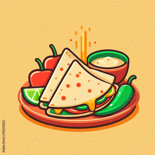 Mexican food set. Guacamole, chiltomate, quesadillas, chile ennogada, nachos, enmoladas, burritos, tamales, tacos, fajitas, etc. Vector illustration isolated on white background.