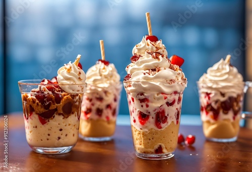 Assorted sundy ice cream with whipped cream and syrup