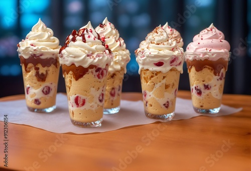 Assorted sundy ice cream with whipped cream and syrup photo