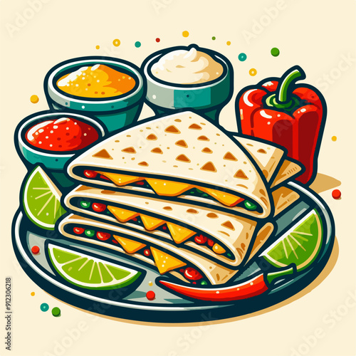 Mexican food set. Guacamole, chiltomate, quesadillas, chile ennogada, nachos, enmoladas, burritos, tamales, tacos, fajitas, etc. Vector illustration isolated on white background.