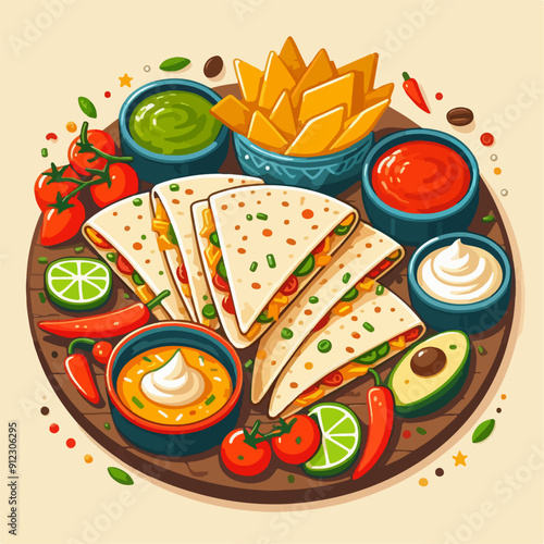 Mexican food set. Guacamole, chiltomate, quesadillas, chile ennogada, nachos, enmoladas, burritos, tamales, tacos, fajitas, etc. Vector illustration isolated on white background.