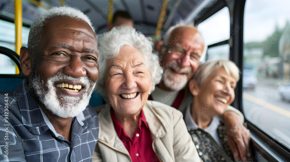 Diverse group of friends in coordinated outfits laughing on city bus Diverse group of friends in coordinated outfits laughing on city bus