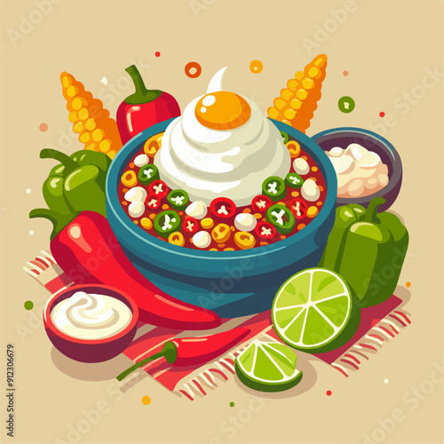 Mexican food set. Guacamole, chiltomate, quesadillas, chile ennogada, nachos, enmoladas, burritos, tamales, tacos, fajitas, etc. Vector illustration isolated on white background.