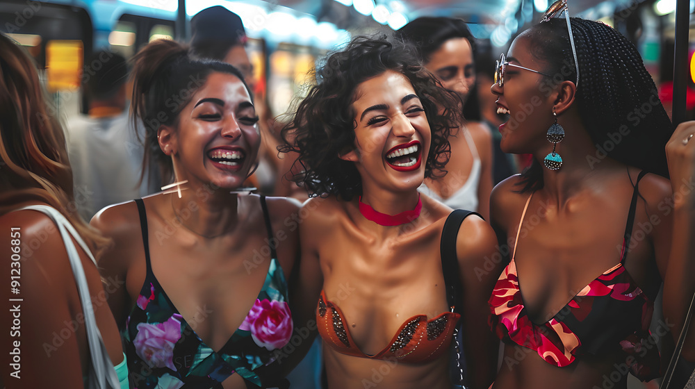 Fototapeta premium Diverse group of friends in coordinated outfits laughing on city bus 