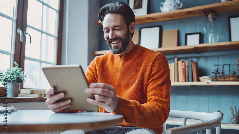 A happy man is sitting at a table and holding his tablet while smiling at it A happy man is sitting at a table and holding his tablet while smiling at it