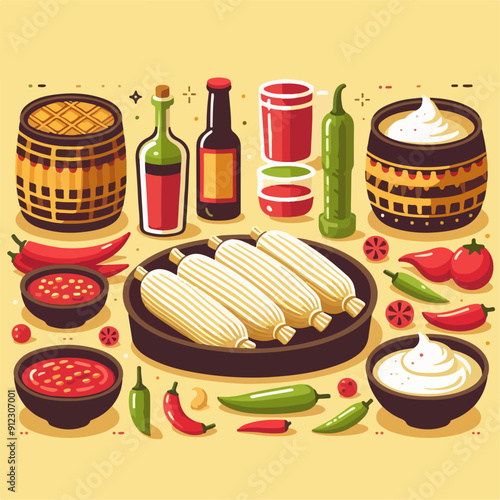 Mexican food set. Guacamole, chiltomate, quesadillas, chile ennogada, nachos, enmoladas, burritos, tamales, tacos, fajitas, etc. Vector illustration isolated on white background.