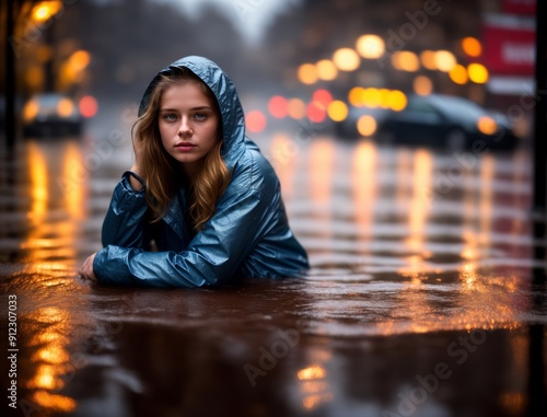 Girl sitting on wet pavement in the middle of the road. photo