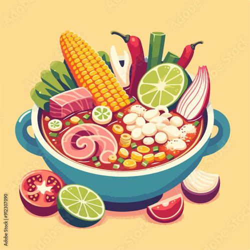 Mexican food set. Guacamole, chiltomate, quesadillas, chile ennogada, nachos, enmoladas, burritos, tamales, tacos, fajitas, etc. Vector illustration isolated on white background.