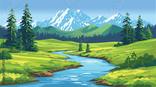 Beautiful mountains river landscape, clear water, mountain ridge, forest, meadow shores pine trees vector