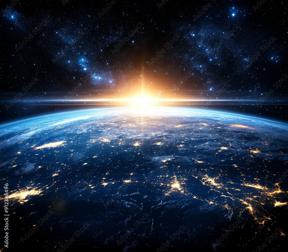 Earth with sunrise in space, USA with horizon blue shining Earth with sunrise in space, USA with horizon blue shining