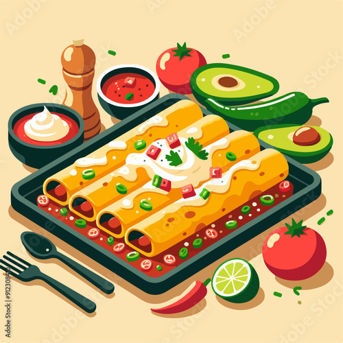 Mexican food set. Guacamole, chiltomate, quesadillas, chile ennogada, nachos, enmoladas, burritos, tamales, tacos, fajitas, etc. Vector illustration isolated on white background.
