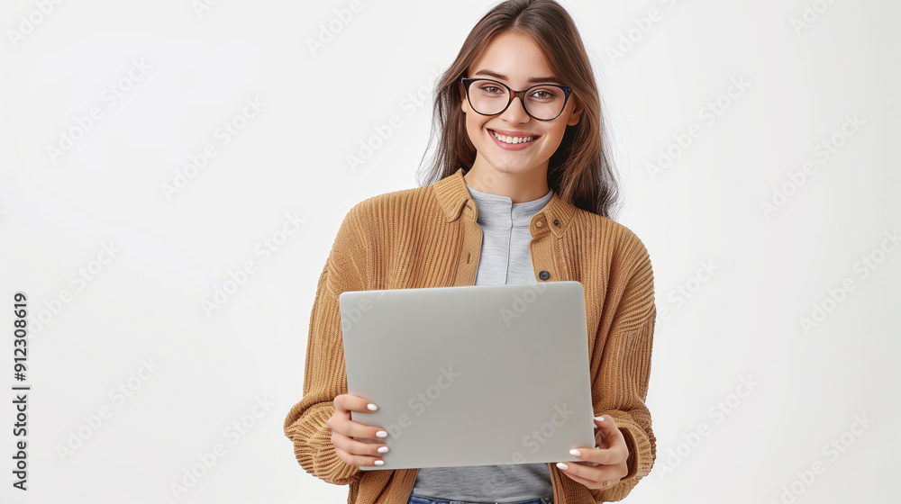 A young smiling woman in glasses holds an open laptop and looks at the camera on a white background A young smiling woman in glasses holds an open laptop and looks at the camera on a white background