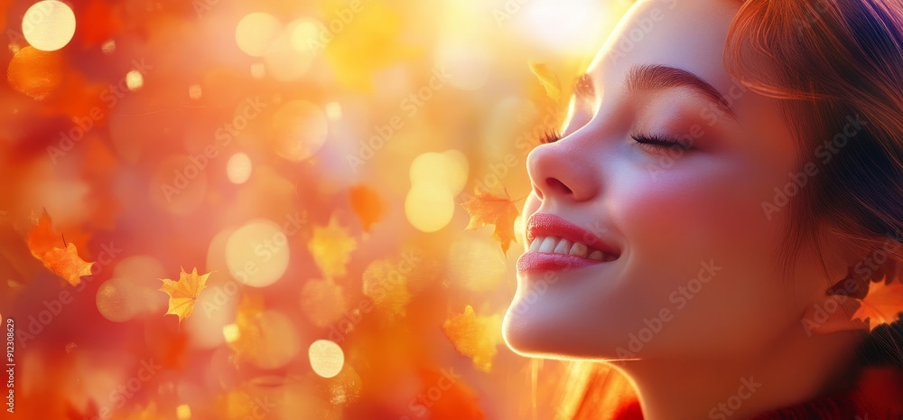 Fantasy girl with red leaves and sunlight in autumn Fantasy girl with red leaves and sunlight in autumn