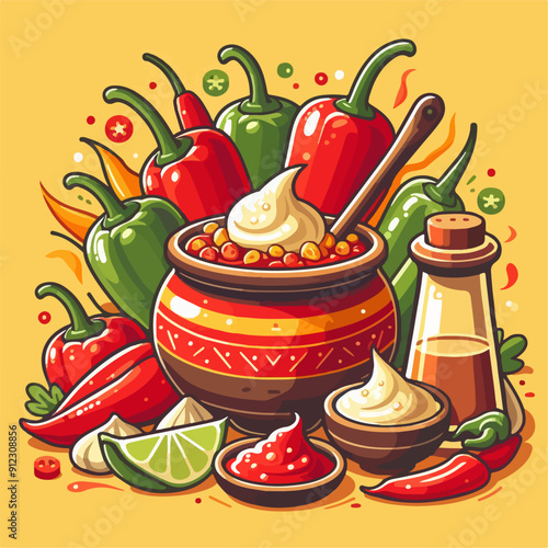 Mexican food set. Guacamole, chiltomate, quesadillas, chile ennogada, nachos, enmoladas, burritos, tamales, tacos, fajitas, etc. Vector illustration isolated on white background.
