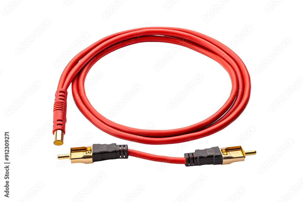 A Crimson Symphony of Sound: Red RCA Cable With Gold-Plated Connectors on a White or Clear Surface PNG Transparent Background A Crimson Symphony of Sound: Red RCA Cable With Gold-Plated Connectors on a White or Clear Surface PNG Transparent Background