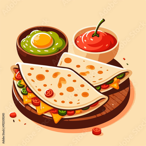 Mexican food set. Guacamole, chiltomate, quesadillas, chile ennogada, nachos, enmoladas, burritos, tamales, tacos, fajitas, etc. Vector illustration isolated on white background.