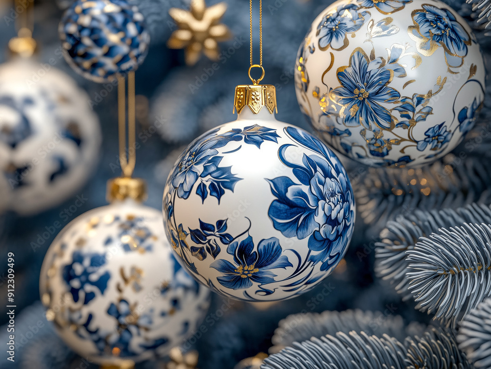 Porcelain Christmas Baubles Blue Gold White: Elegant Ceramic Baubles with Floral Patterns Hanging on Christmas Tree Branches - Festive Christmas Holiday Decoration with Golden Accents Porcelain Christmas Baubles Blue Gold White: Elegant Ceramic Baubles with Floral Patterns Hanging on Christmas Tree Branches - Festive Christmas Holiday Decoration with Golden Accents
