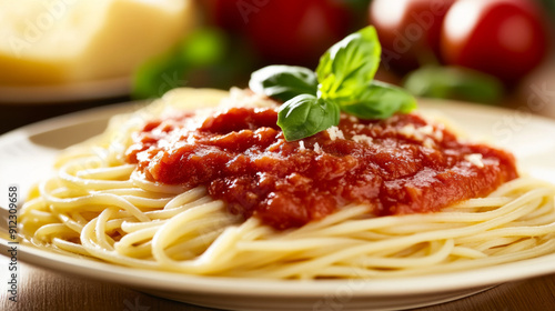Spaghetti and pasta with tomato sauce and basil