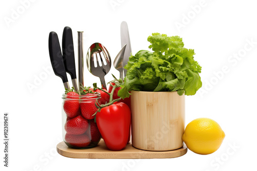 Freshly Washed Produce With Kitchen Utensils Ready for a Delicious Meal on a White or Clear Surface PNG Transparent Background photo