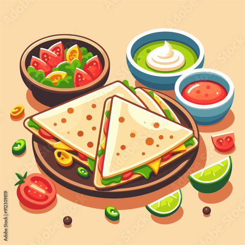 Mexican food set. Guacamole, chiltomate, quesadillas, chile ennogada, nachos, enmoladas, burritos, tamales, tacos, fajitas, etc. Vector illustration isolated on white background.