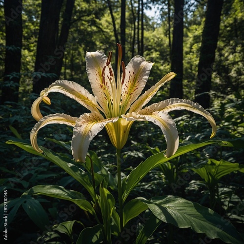 An intricate lily outline set against a lush forest canopy with dappled sunlight. photo