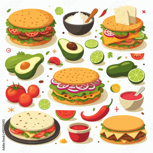 Mexican food set. Guacamole, chiltomate, quesadillas, chile ennogada, nachos, enmoladas, burritos, tamales, tacos, fajitas, etc. Vector illustration isolated on white background.