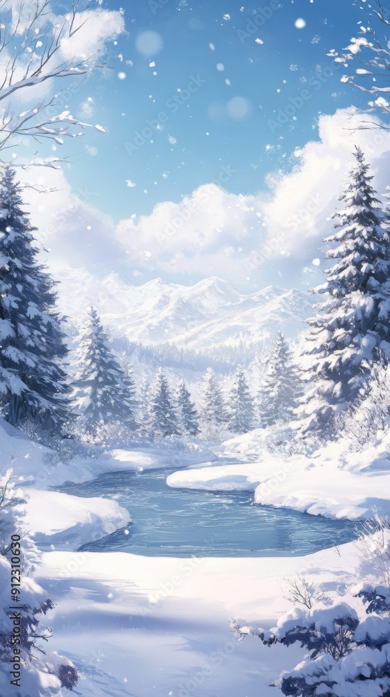 Fototapeta premium Glacial Vision: High-Detail Hand-Drawn Snow Scene Embracing the Tranquility of Nature with Clarity and Gentle Warmth to Welcome the Winter Charm in Anime Style