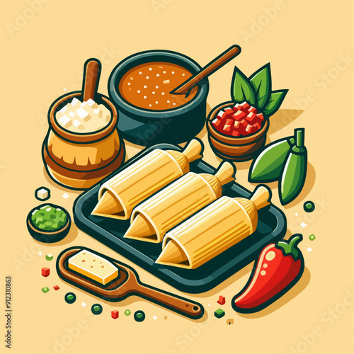 Mexican food set. Guacamole, chiltomate, quesadillas, chile ennogada, nachos, enmoladas, burritos, tamales, tacos, fajitas, etc. Vector illustration isolated on white background.