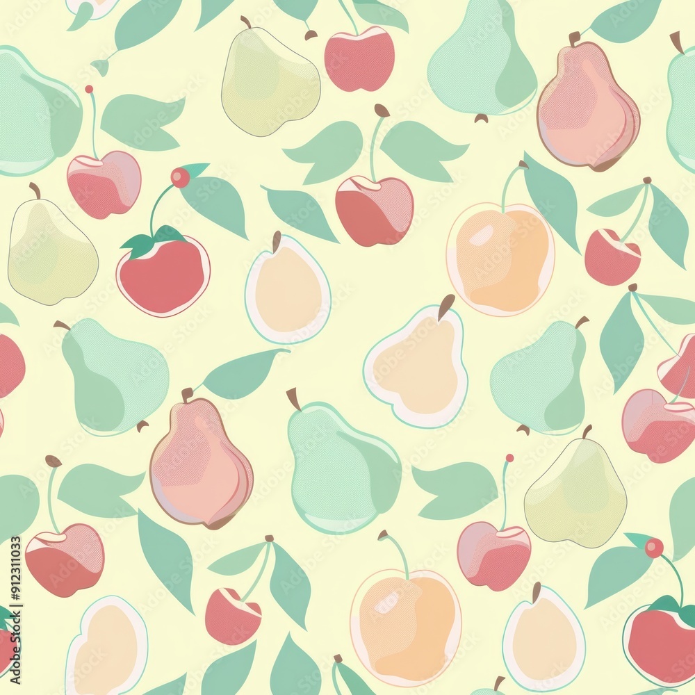 Seamless pattern of pastel-colored apples, pears, and cherries Seamless pattern of pastel-colored apples, pears, and cherries