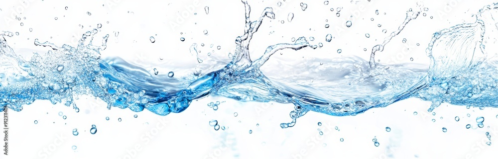 On a white background, a transparent liquid splashes and flows On a white background, a transparent liquid splashes and flows