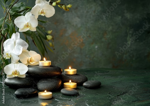 Purple orchid, candle, stone, bamboo on black mat.