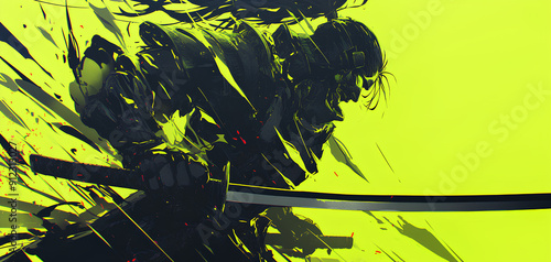 black and green color samurai silhouette with speed effect background