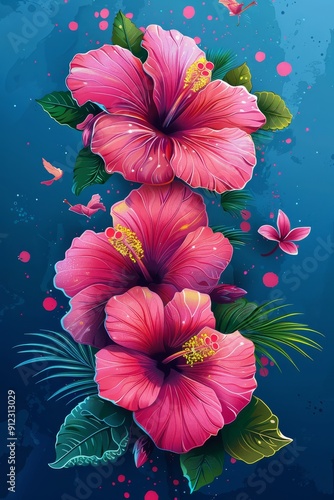 Pink Flowers on Blue Background