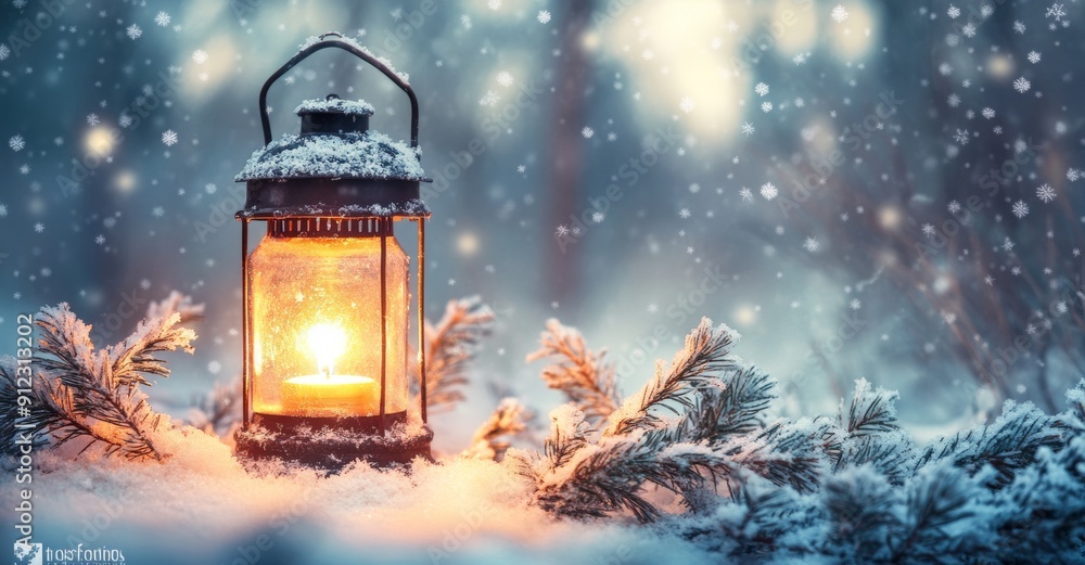 Lantern on snow with fir branch in evening scene Lantern on snow with fir branch in evening scene