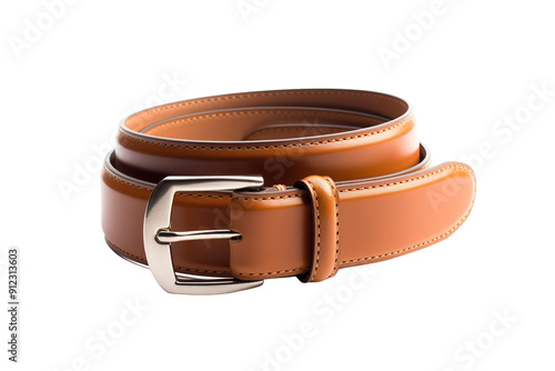 A Gleaming Tan Leather Belt With Silver Buckle, Wrapped and Ready on a White or Clear Surface PNG Transparent Background