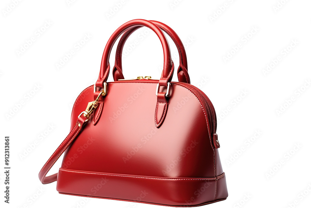A Crimson Dream: A Classic Red Leather Handbag With Golden Accents on a White or Clear Surface PNG Transparent Background A Crimson Dream: A Classic Red Leather Handbag With Golden Accents on a White or Clear Surface PNG Transparent Background