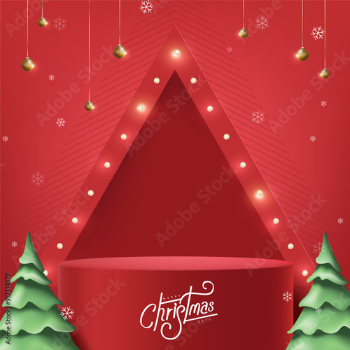 Merry Christmas banner with red product display Retro light bulbs sign background and festive decoration for christmas