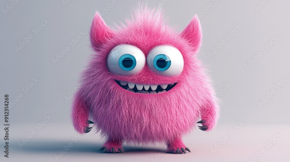 Fototapeta premium Cute pink furry monster 3D cartoon character