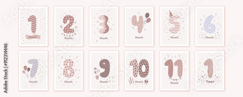 Milestone cards set  with numbers in beige pastel colors for newborn boy and girl. Baby month anniversary card  in flat trendy design. Cartoon vector illustration.
