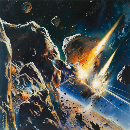 A spacecraft hurtles through an asteroid field, its engines blazing. photo