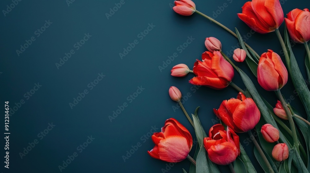 Red Tulips on a Deep Blue Background