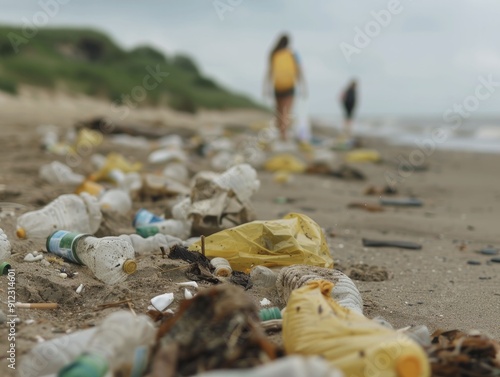 Beach cleanup effort with volunteers collecting trash along a sandy shore, promoting environmental responsibility photo