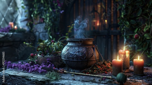 A witch's altar features a bubbling cauldron, flickering candles, and various herbs, creating an enchanting atmosphere in a dimly lit setting