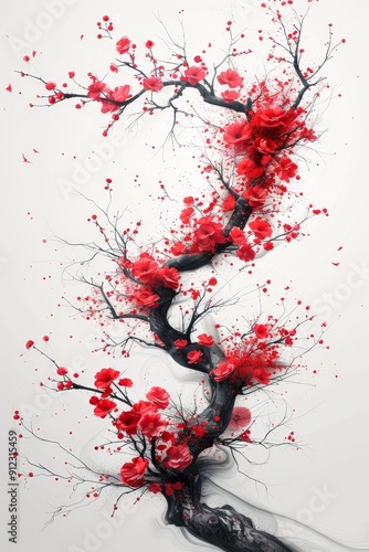 Tree With Red Flowers Painting