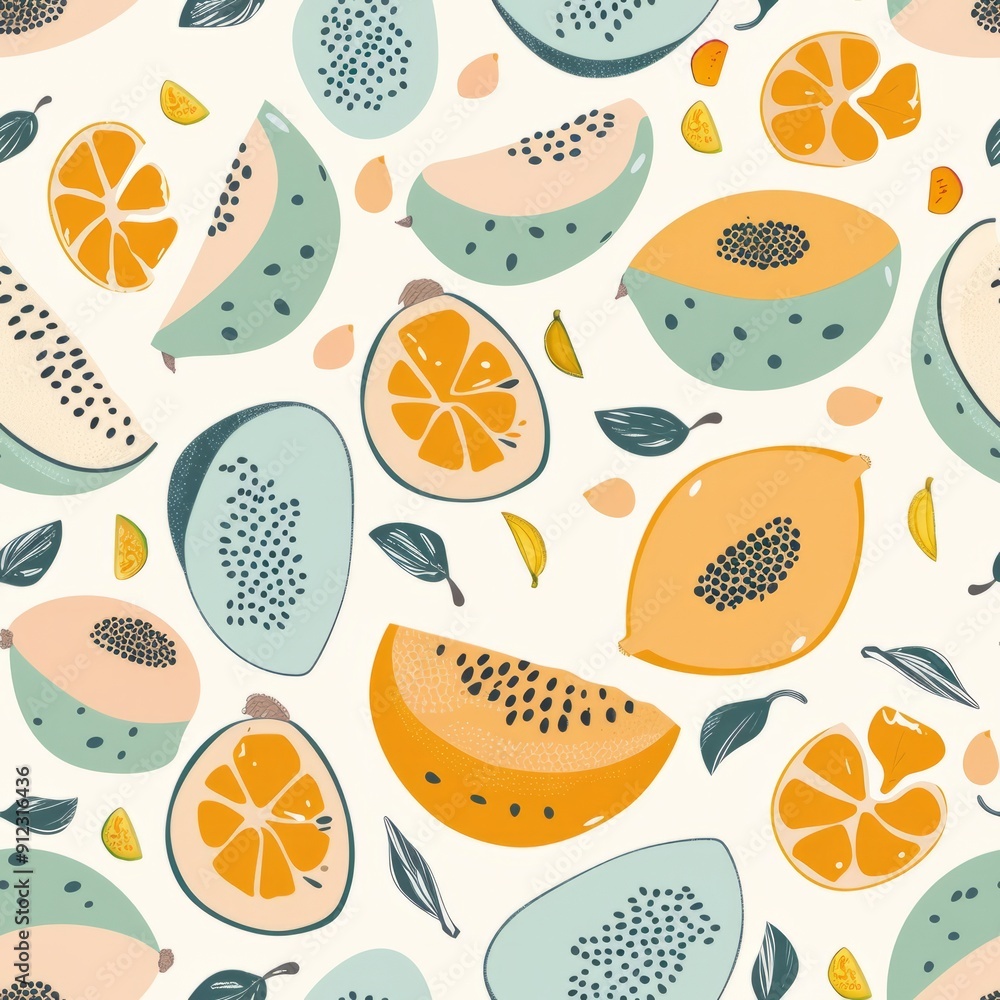 Seamless pattern of whimsical pastel-colored melons and papayas Seamless pattern of whimsical pastel-colored melons and papayas