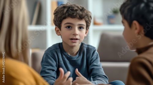 Sharing His Truth: A young boy earnestly explains his point of view during a family discussion, highlighting the importance of communication and understanding. 