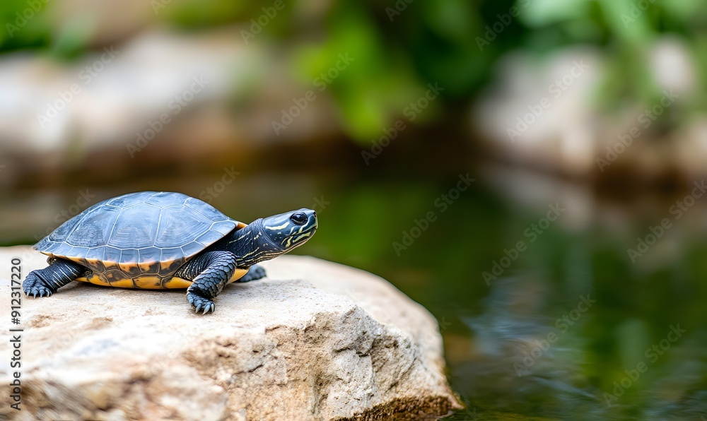Obraz premium grey turtle resting on a rock in a peaceful pond, Generative AI